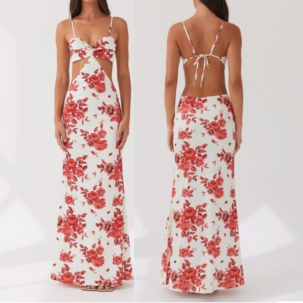 Peppermayo Rosie Satin Maxi Dress 6 Rosa Floria Floral Cutout Backless‎